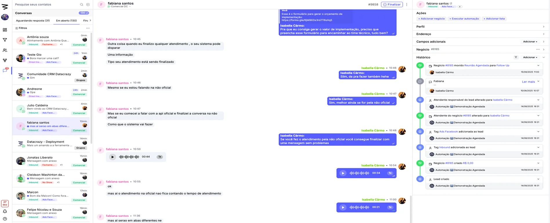 Mensageria multicanal com histórico do lead